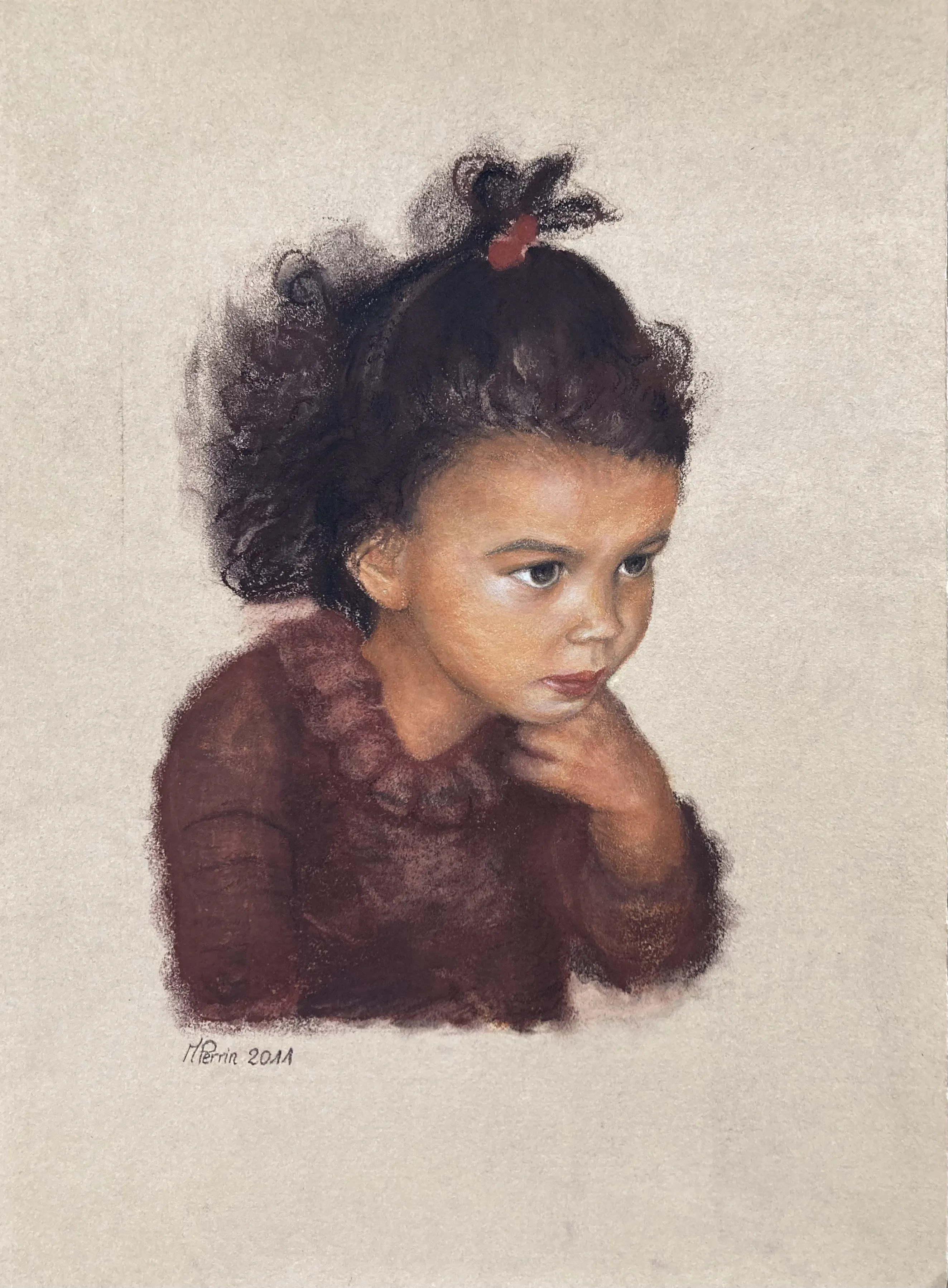 Portrait d'une petite fille pensive, pastel sur papier