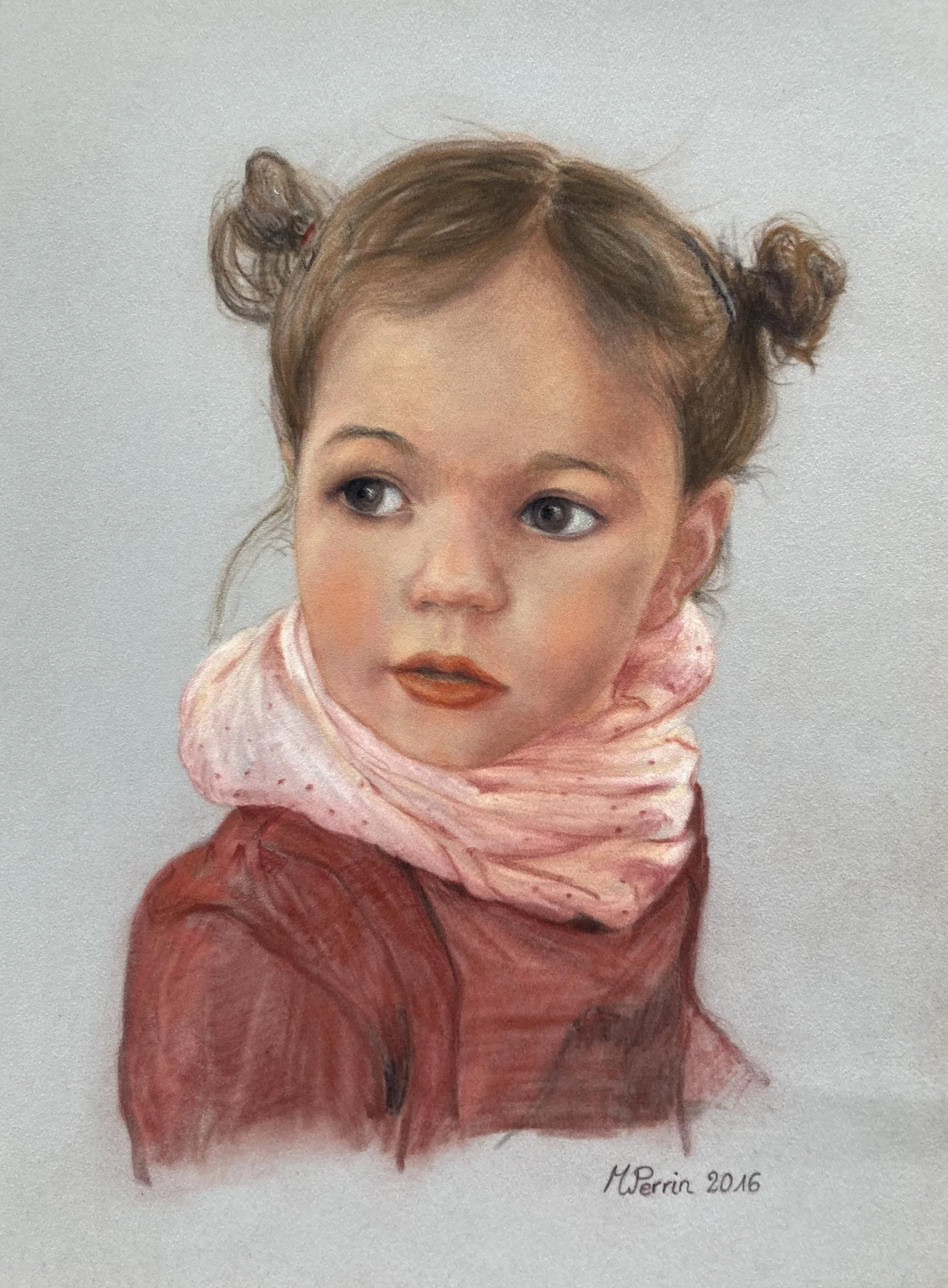 Portrait d'une petite fille avec des couettes, pastel sur papier