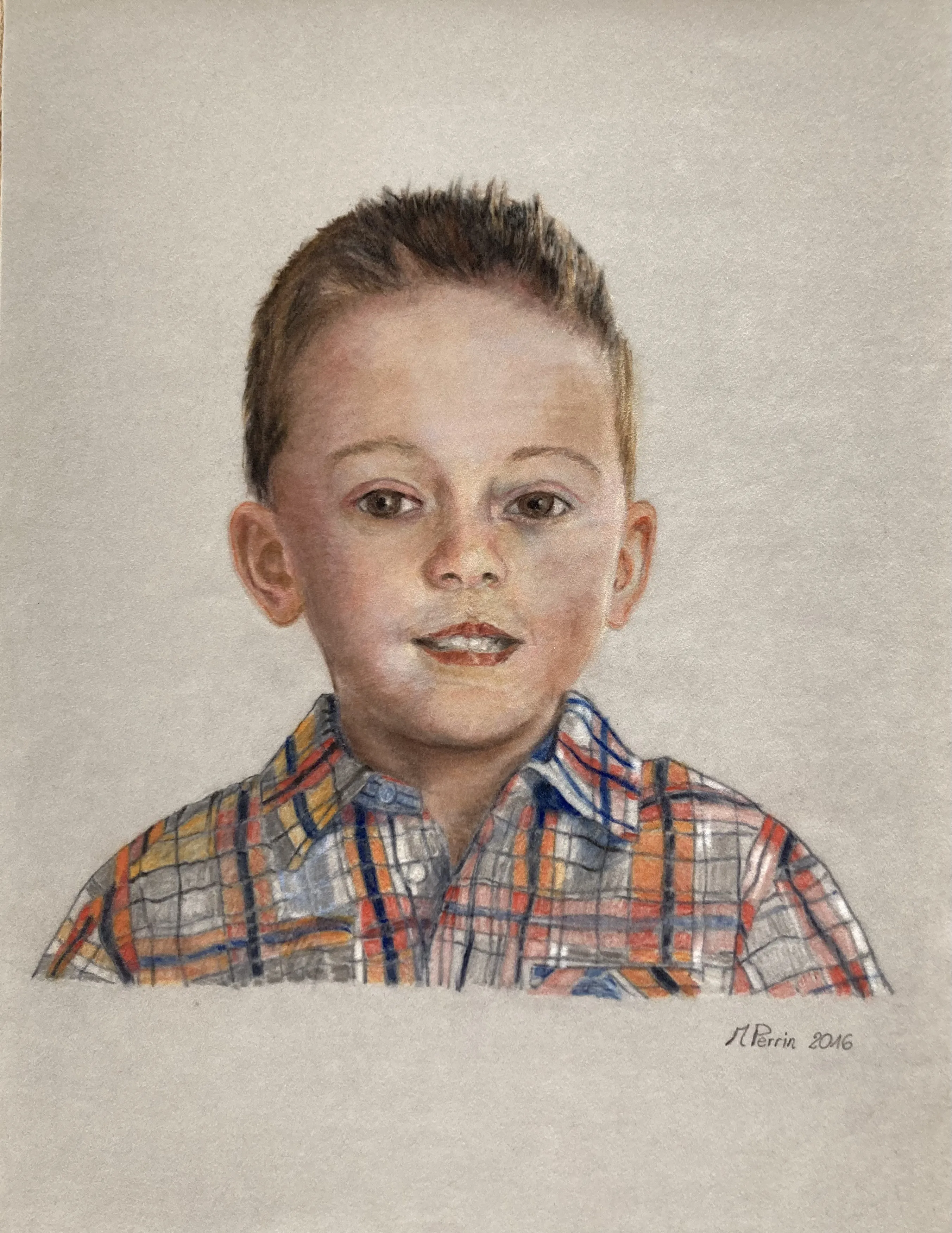 Portrait d'un petit garçon en chemise à carreaux, pastel sur papier
