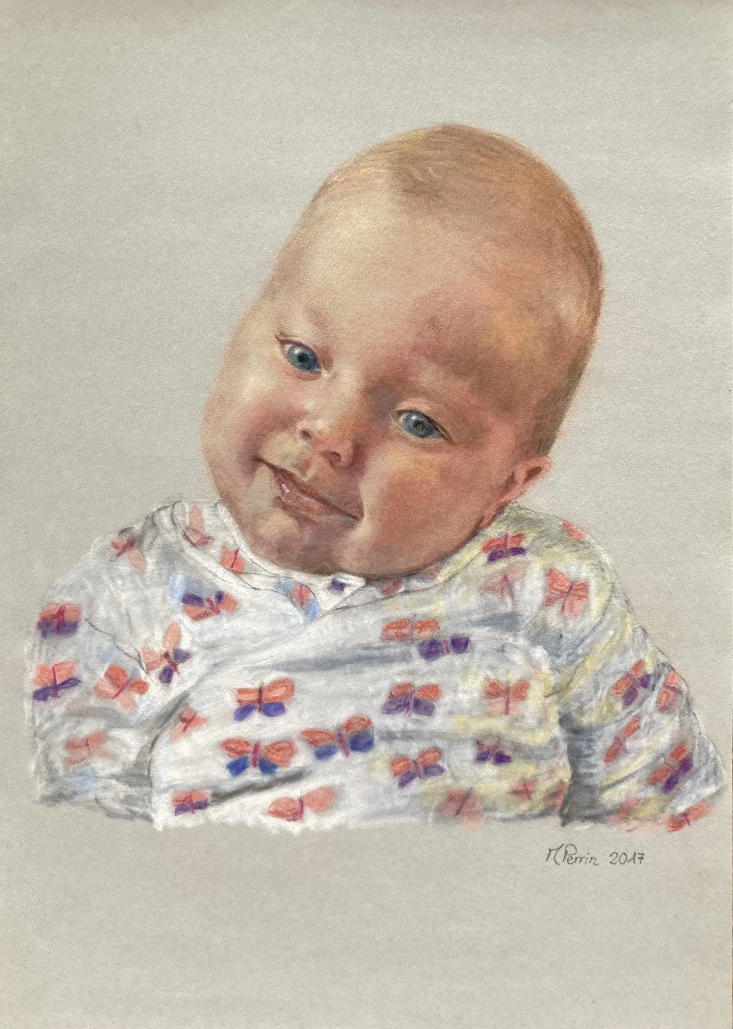 Portrait d'un bébé souriant, pastel sur papier