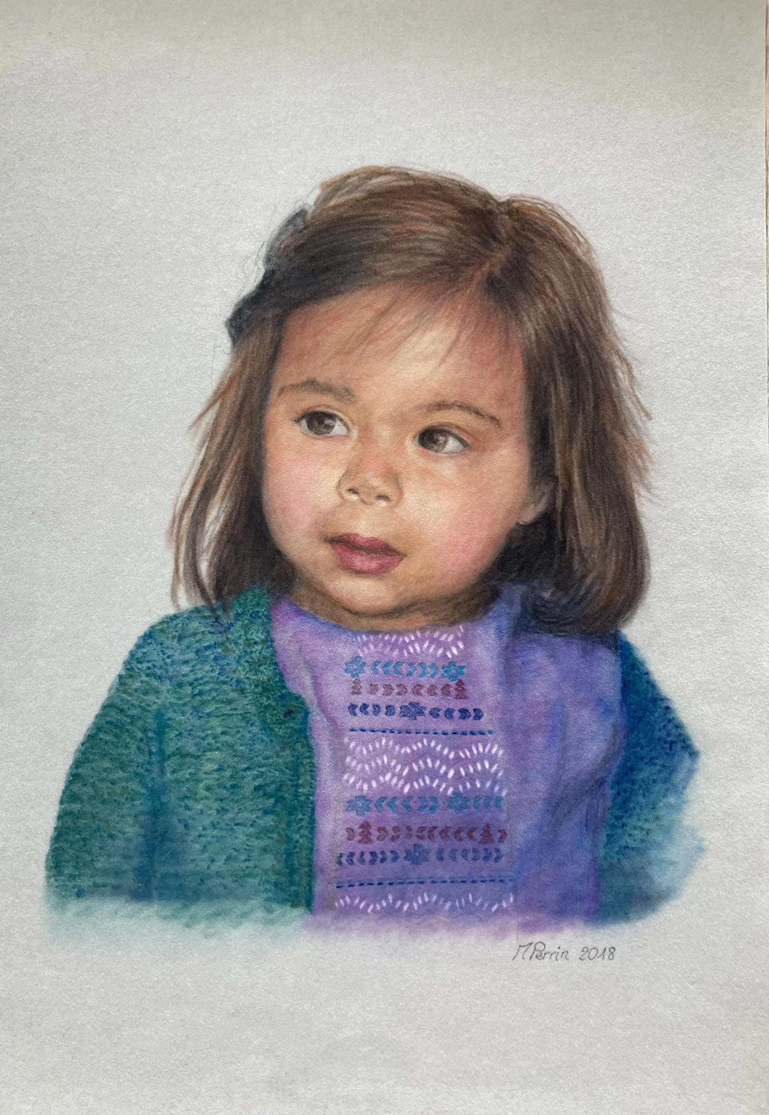 Portrait d'une petite fille en pull violet, pastel sur papier