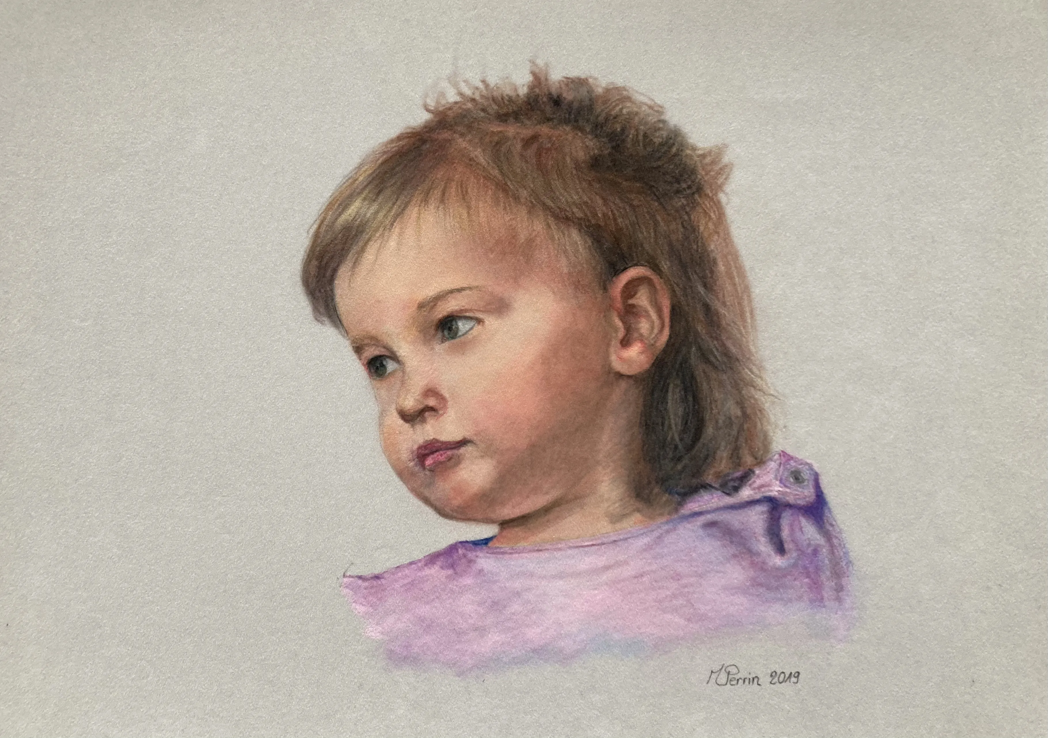 Portrait d'une petite fille de profil, pastel sur papier