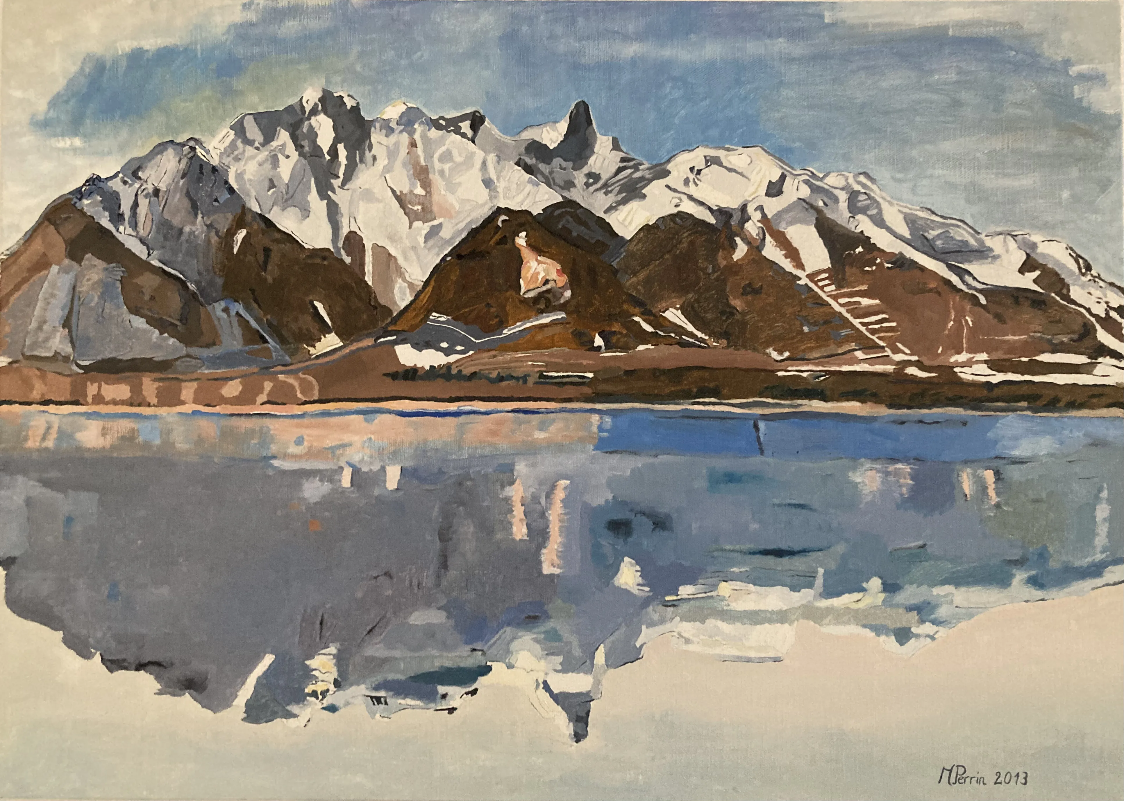 Peinture à l'huile représentant un lac dans les montagnes enneigées (lac de Thoune et massif du Stockhorn)