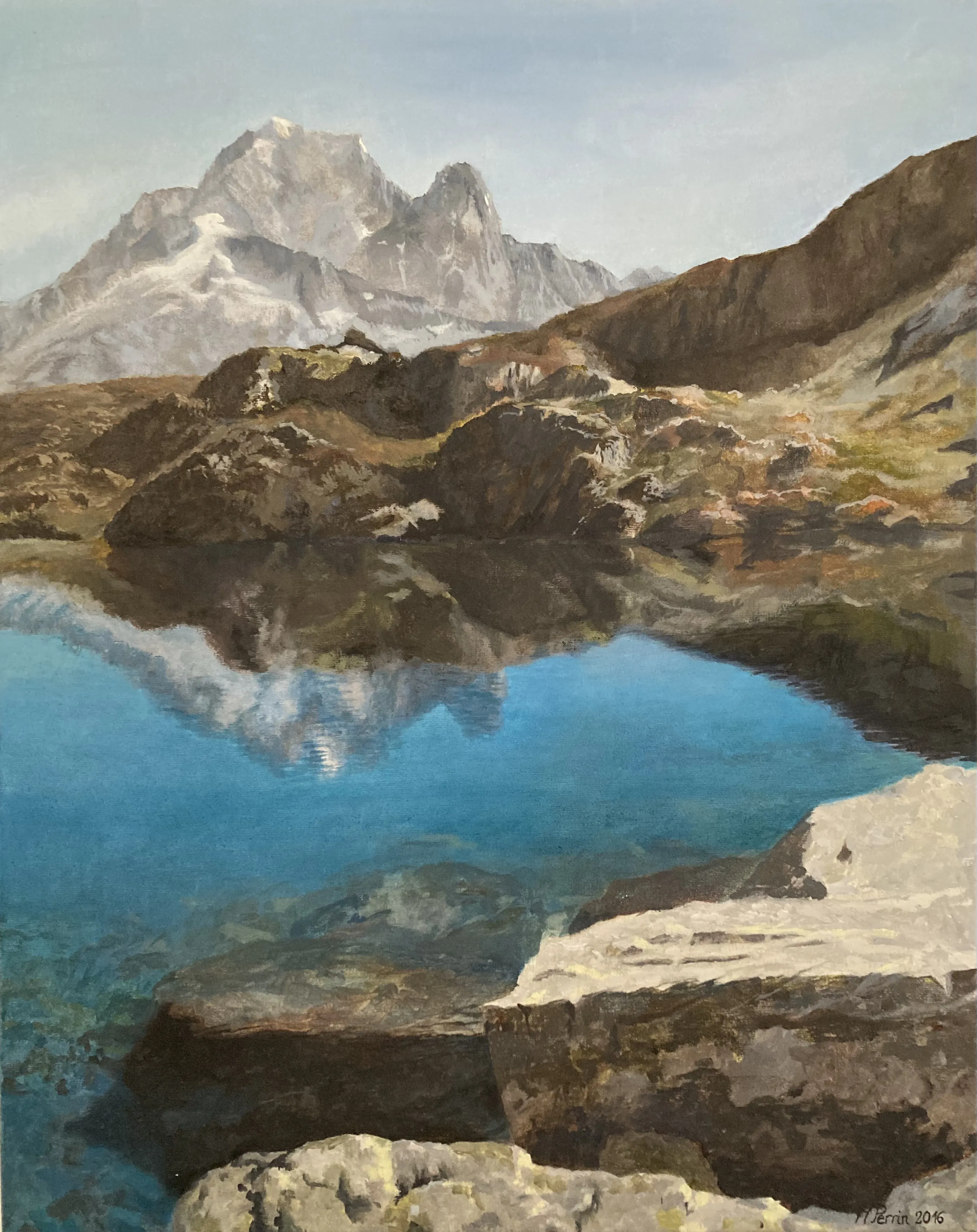 peinture à l'huile d'un lac entouré de montagne