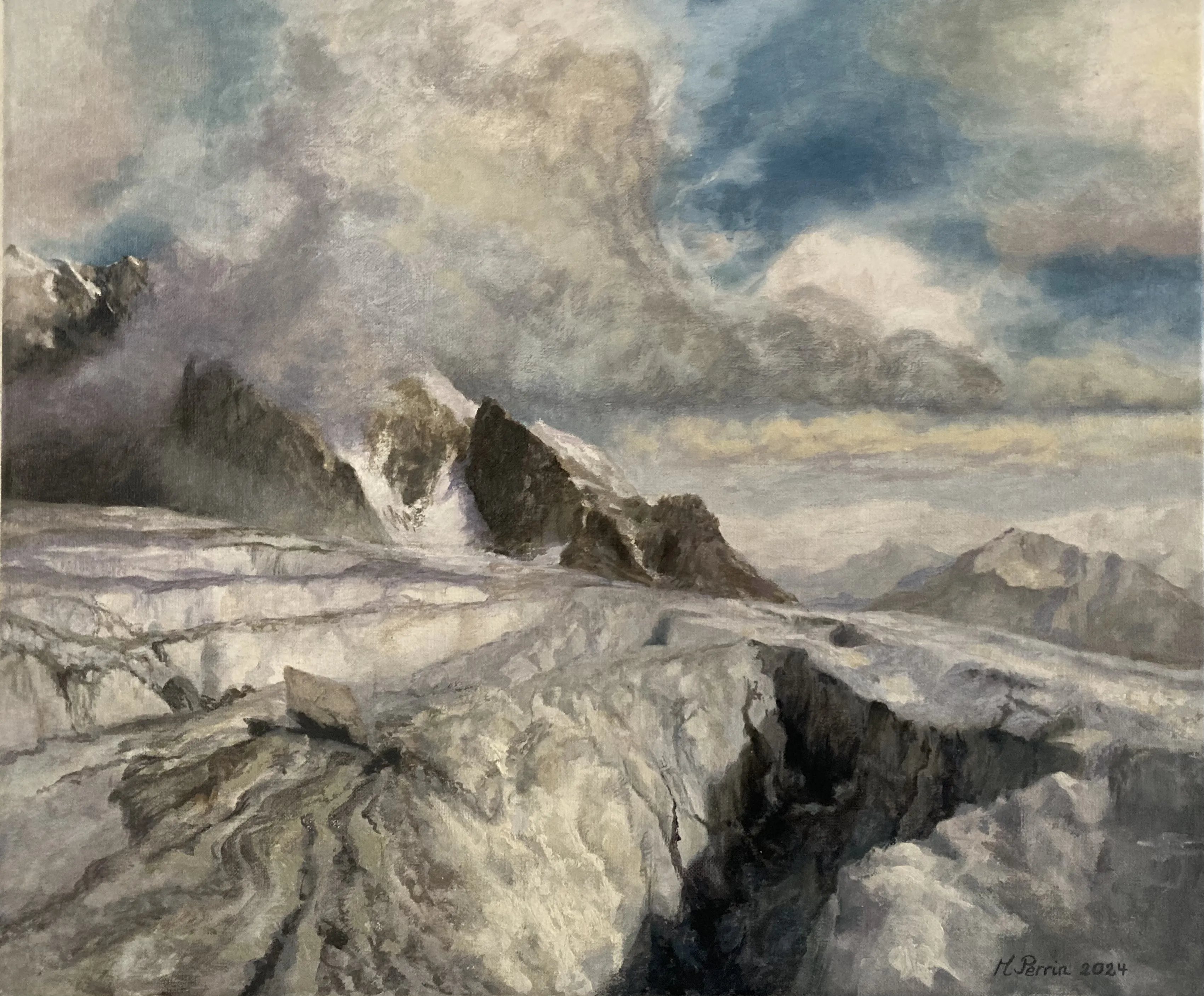 Peinture à l'huile représentant L'Aiguille Argentière, au milieu d'un paysage glaciaire