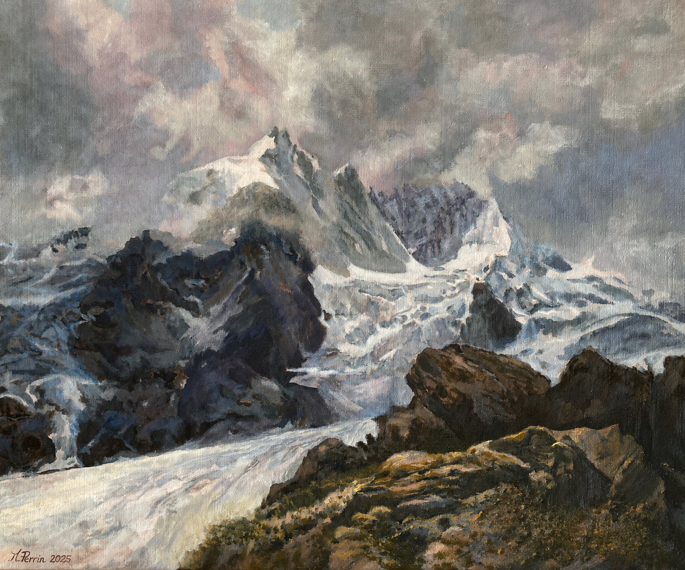 Peinture à l'huile représentant Le Grossglockner en Autriche, au milieu d'un paysage glaciaire