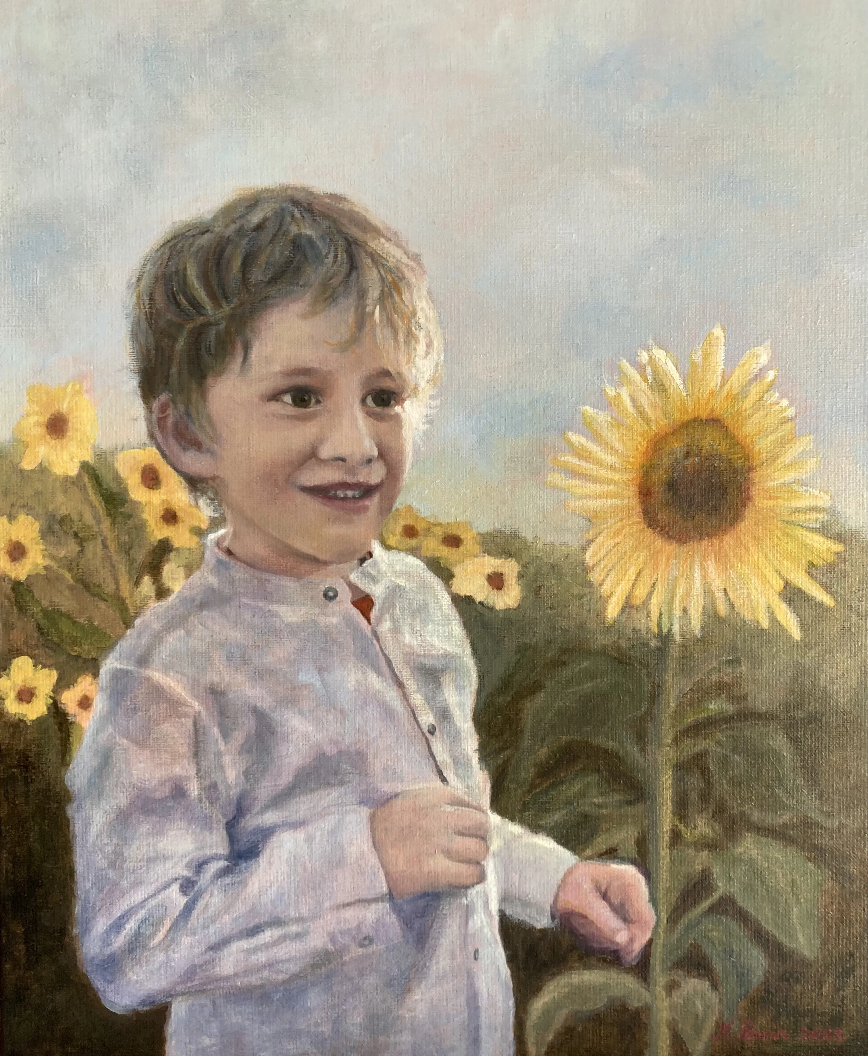 Peinture à l'huile représentant un portrait de garçon devant une fleur de tournesol