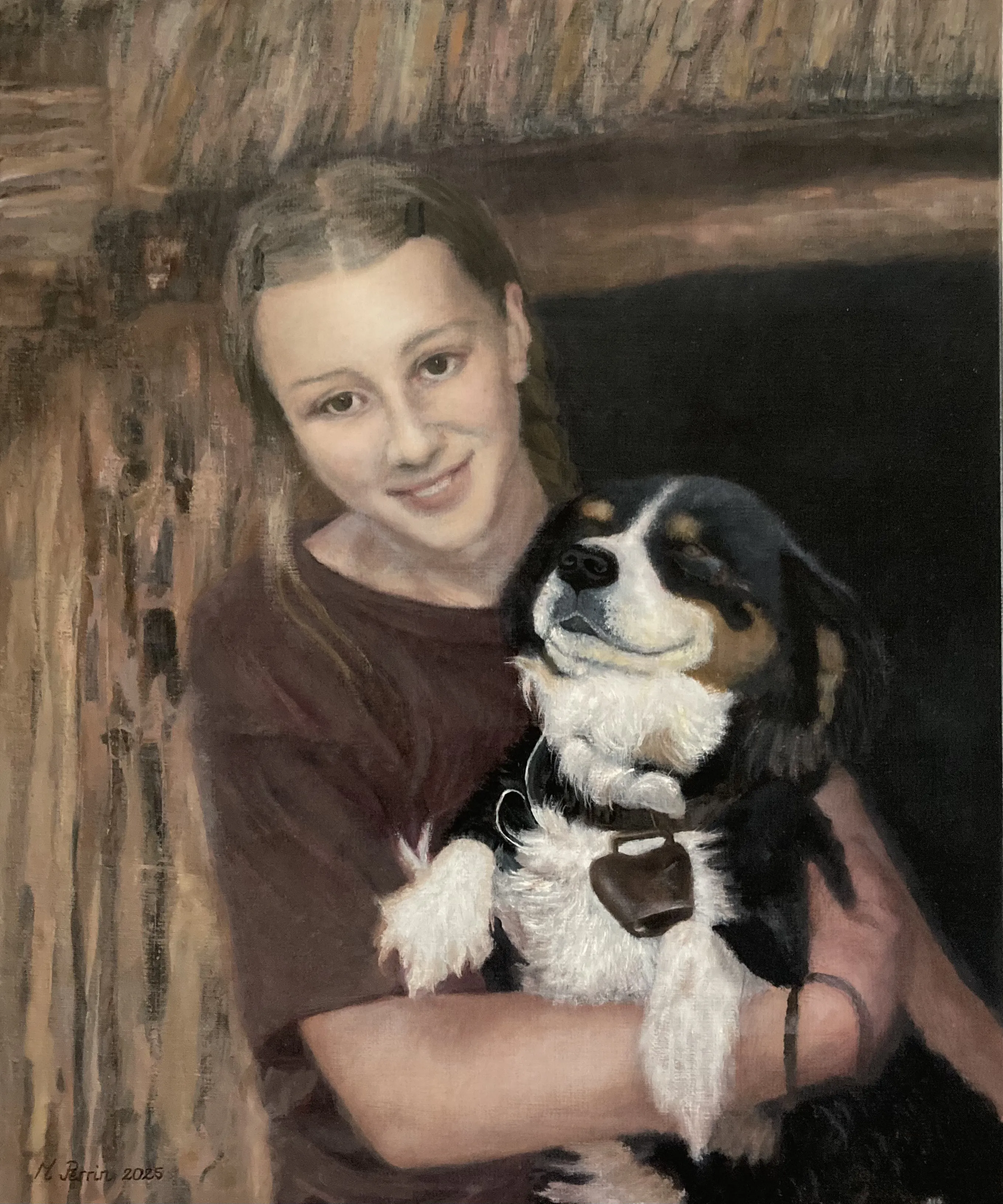 Peinture à l'huile représentant une fille et son chien