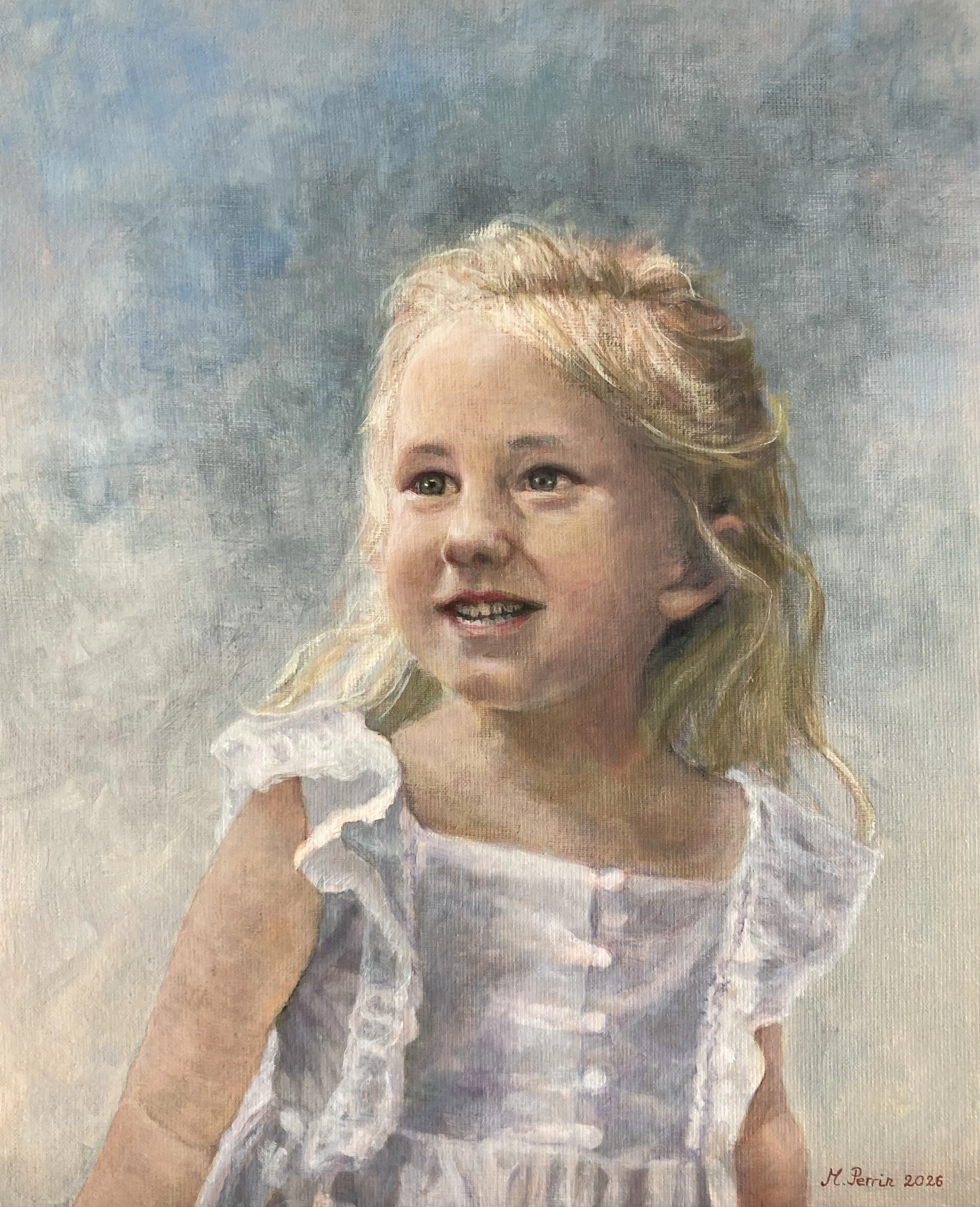 Peinture à l'huile représentant une enfant sur fond bleu